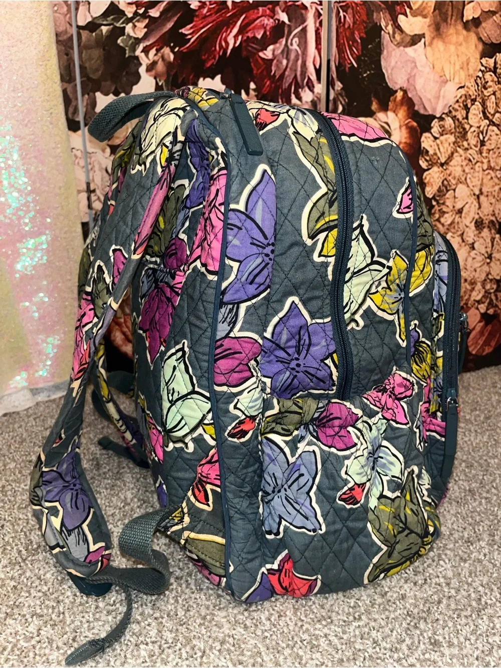 Vera Bradly Quilted Floral Backpack - Gray with Pink, Yellow & Purple Flowers